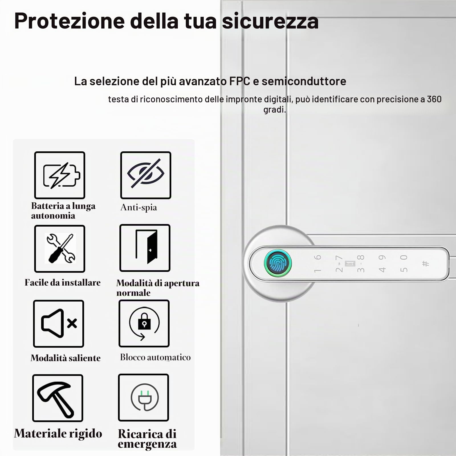 Serratura intelligente per porta con impronte digitali, 5 in 1, maniglia intelligente automatica per porta con controllo APP/impronte digitali/schede IC/password/chiavi di backup, serrature