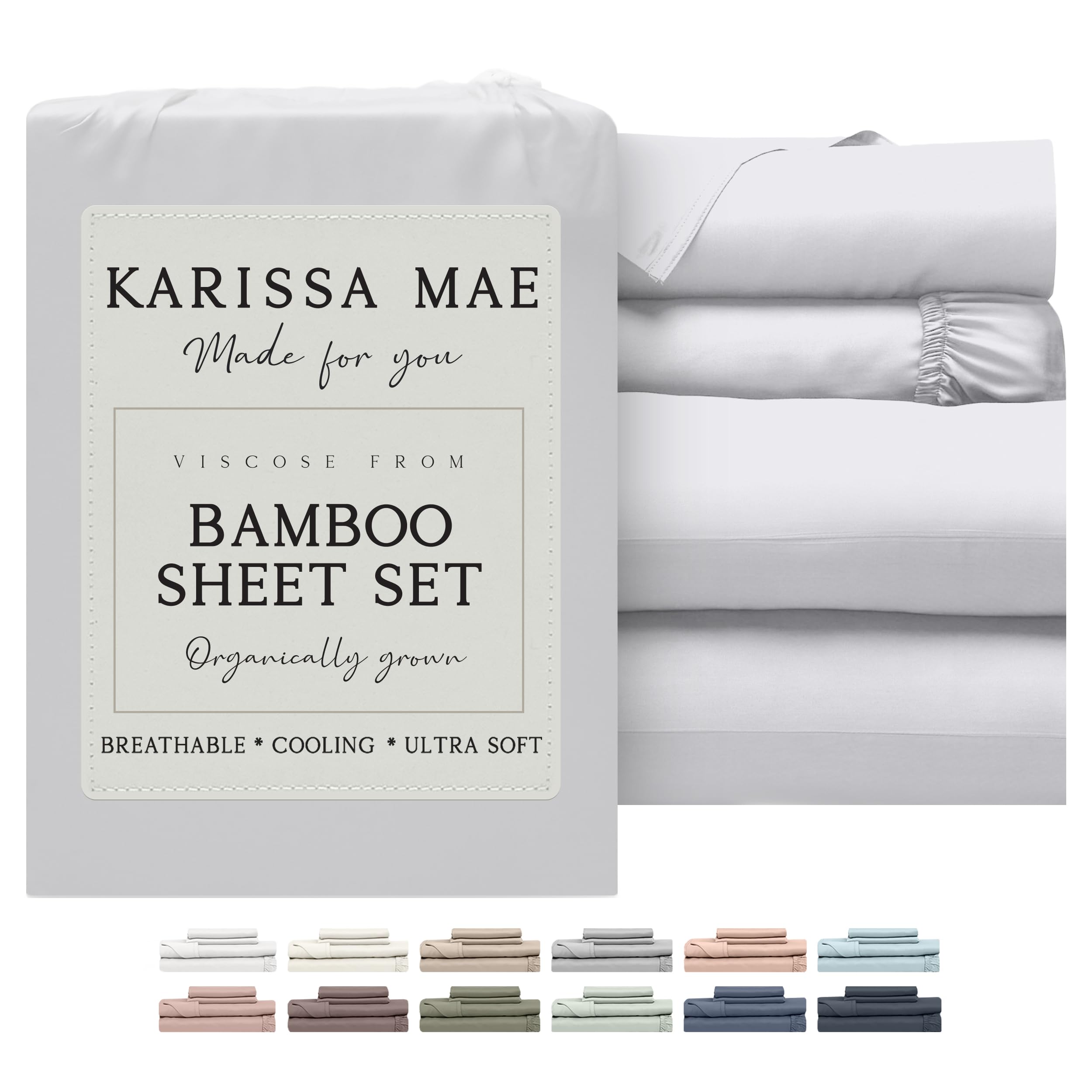 KARISSA MAE Cooling Bamboo Viscose King Size Sheet Set | 100% FSC Certified | 18” Deep Pocket | Silky, Soft, & Hypoallergenic | with Organizer Band & Elastic Corner Straps [White] White King