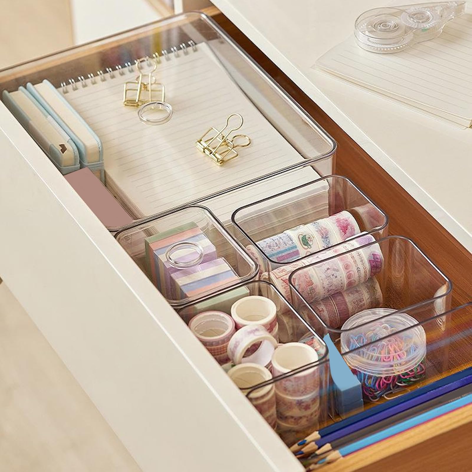 Set di scatole portaoggetti da scrivania, organizer trasparente per cassetti, contenitori impilabili antiscivolo, set di organizer per trucchi, bagno, cucina e ufficio