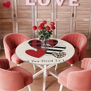 Round Fitted Tablecloth with Elastic Edged Valentines Love Hearts on Burlap Waterproof Table Cover for Kitchen Dining Party Decor, Lattice Stripe Leopard Sweetheart Washable Table Cloths,55"-60"