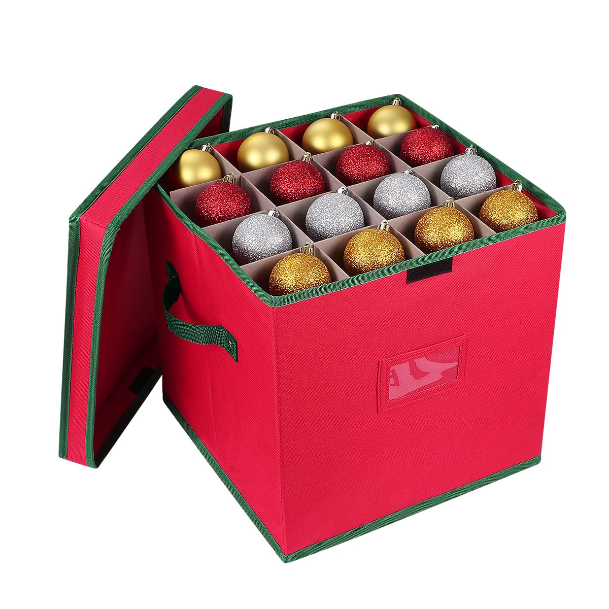 Cabilock Christmas Bauble Storage Box, Foldable Bauble Storage Box with Adjustable Dividers, Xmas Storage Bag Holds Up to 64 s, Holiday with Lid for Christmas Decorations