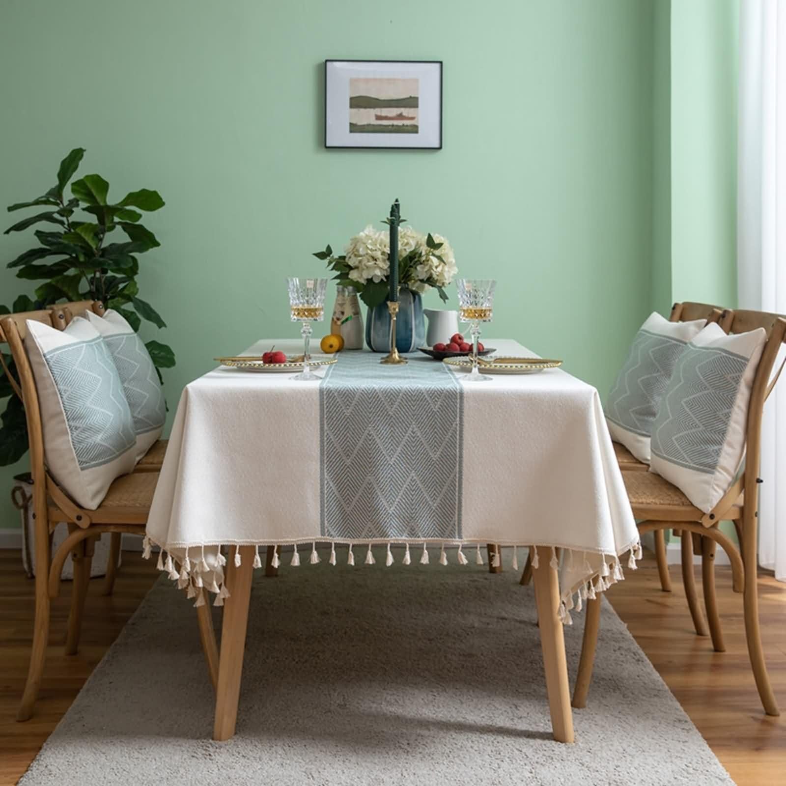 Manteles de Mesa de Rectángulo Empalme de Rayas Onduladas con Borlas Manteles de Mesa Cocina Poliéster Blanco,140x240CM