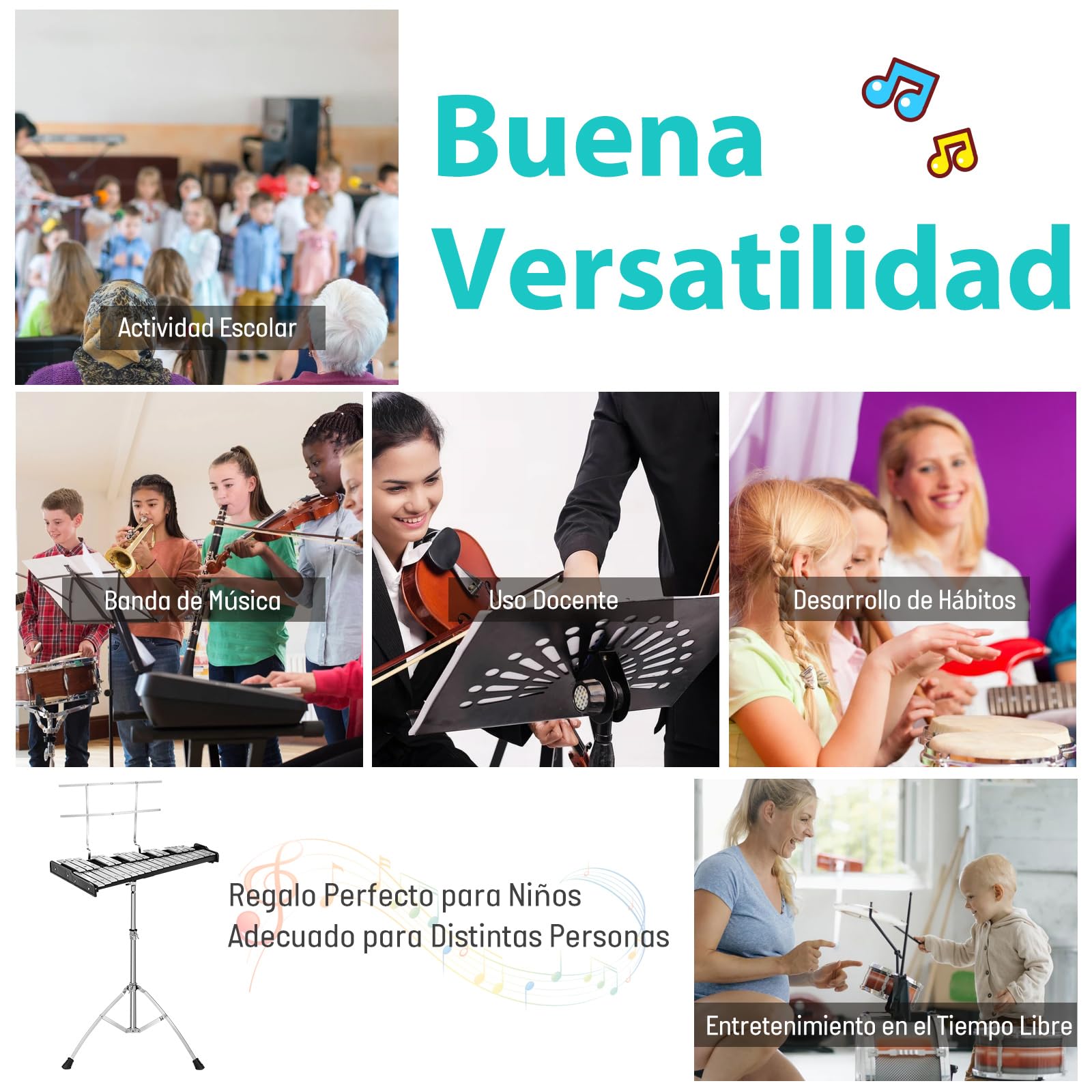 COSTWAY Xilófono de 32 Notas, Instrumento de Percusión Plegable con Soporte Ajustable, Atril, Panel de Práctica, Mazos de Campana, Baquetas de Madera, Juego de Xilófono con Bolsa de Transporte