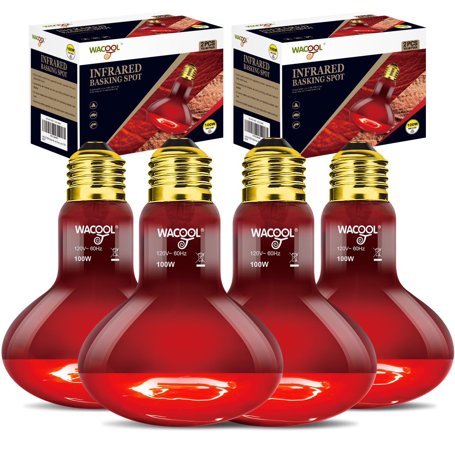 WACOOL 4 Pack Reptile Heat Lamp Bulbs,100W Infrared Basking Spot Light for Reptiles & Amphibians, Red Heat Lamp Bulb for Bearded Dragon Gecko Turtle