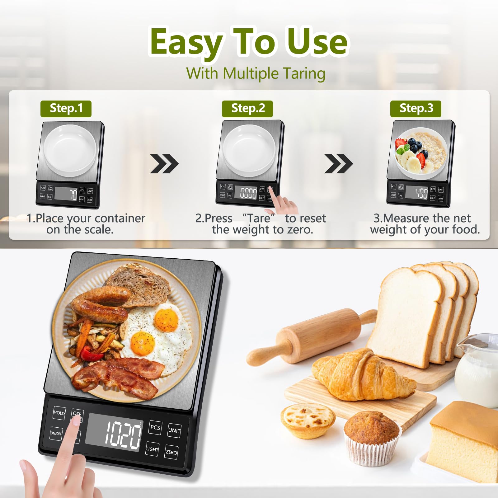 Báscula digital de alimentos con alta precisión de 0.01 onzas, capacidad de 11 libras/5 kg, recargable por USB-C, LCD con retroiluminación, sartén de acero inoxidable, báscula de cocina para cocinar