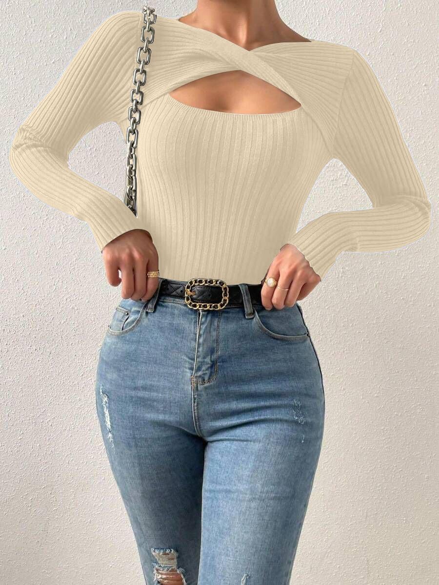 Ribbed Sweaters for Women Cut Out Tops for Women Long Sleeve Fitted Pullover for Women Trendy Sweaters Twist Front - Image 5