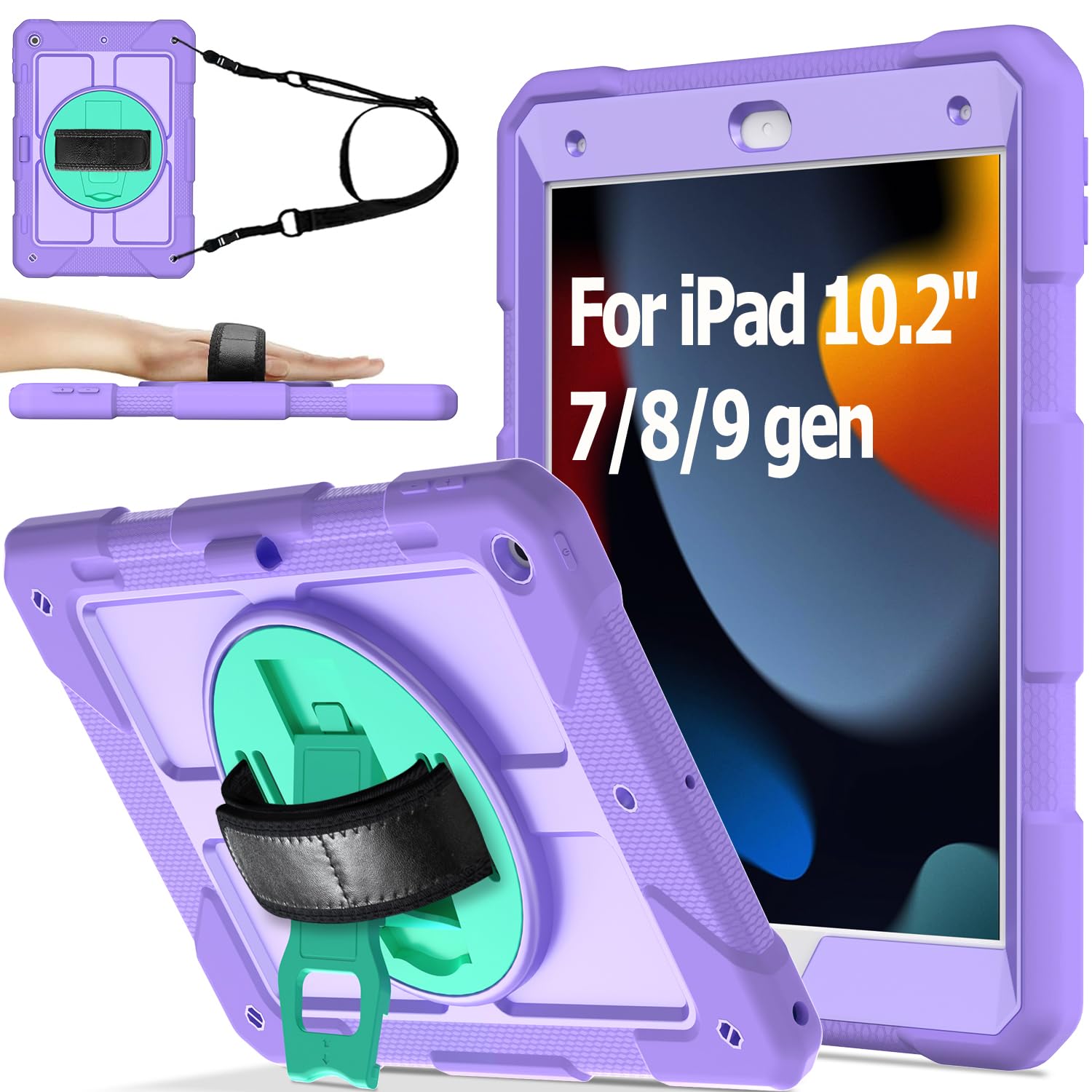 AVAWO 360° Rotatable Case for iPad 10.2-inch (9th/8th/7th Generation), with Shoulder Strap & Hand Strap Cover, Purple