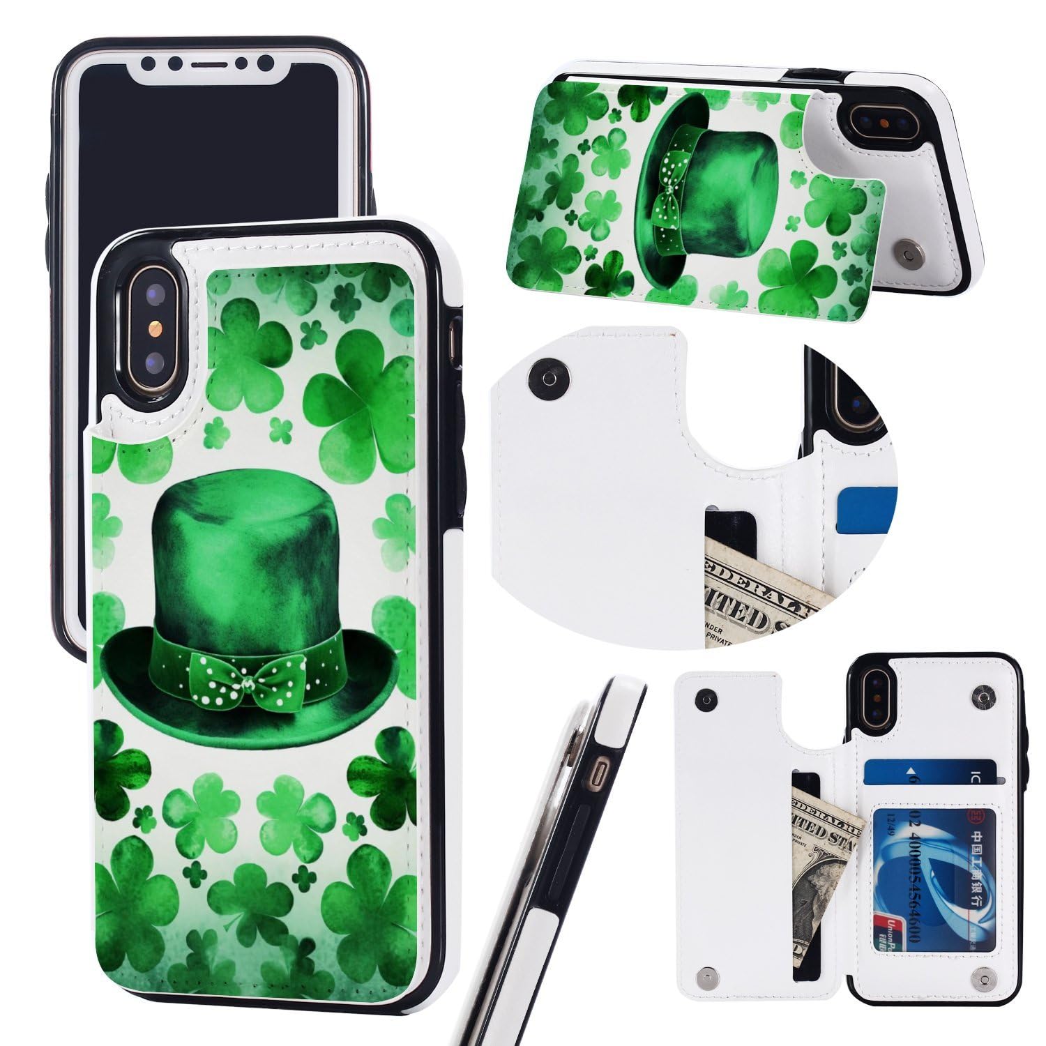 Etui portfelowe na iPhone X/XS, Happy St Patrick's Day Prints Flip Leather Phone Case Cover with Card Slots Holder