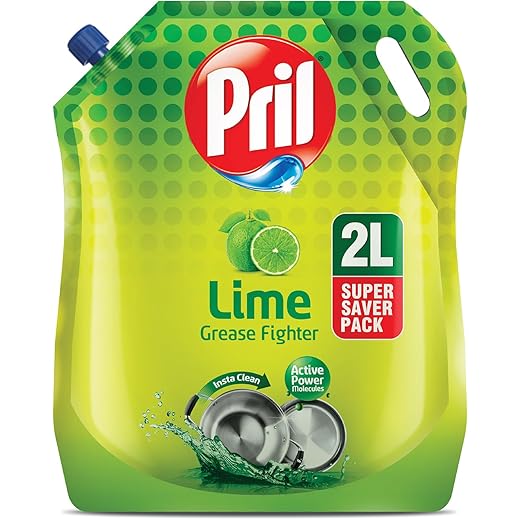 Pril Lime Liquid Dishwash Gel - 2 Litre Pouch | Dish Cleaning Liquid Gel with German Technology - Active Power Molecules Leaves No Residue, Grease Cleaner For All Types of Utensils