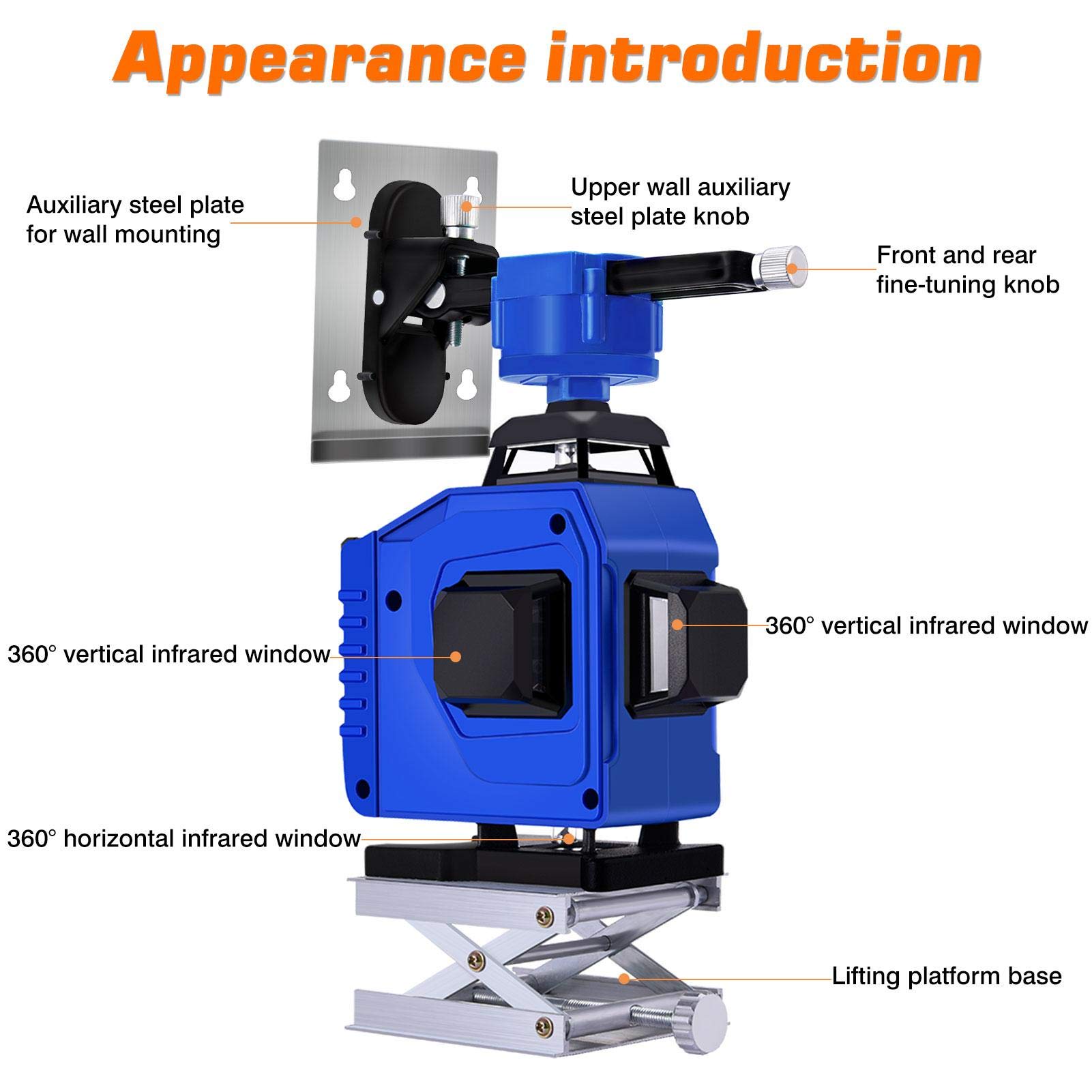 4X360° 4D Nivel Láser Ver16 Líneas Autonivelante Bateria Nivelador Láser, 360°horizontal Y Vertical IP54 Con Dos Litio Alta 5800mAh Y Soporte Pared, Para Interiores Y Obra | 360°horizontal Y Vertical IP54 Con Dos Litio Alta 5800mAh Y Soporte Pared, Para I