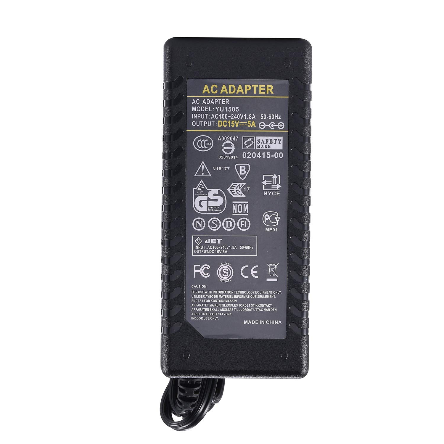 Fuente de alimentación de 15 V 5 A, CA universal 100-240 V a CC 15 V 5 A 60 W Adaptador de alimentación de 110 V Transformador de cargador de 5.5 x 2.5 mm Compatible con 15 voltios 4.8 A
