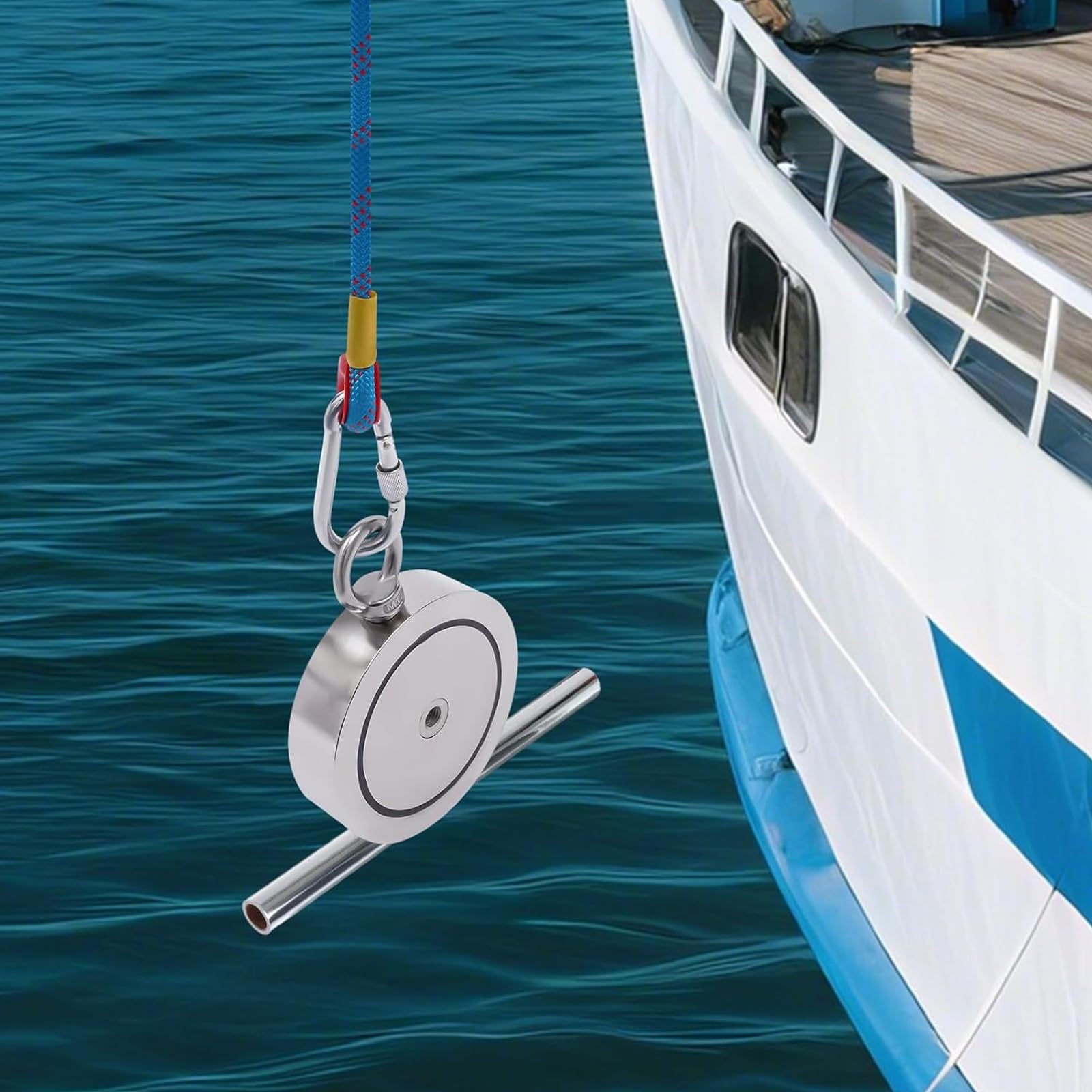 Kit da Pesca Magnetica, magneti bifacciali con Forza di trazione di 3000 libbre, Corda da 66 Piedi, Include Custodia e Guanti per recuperare Oggetti dall'acqua
