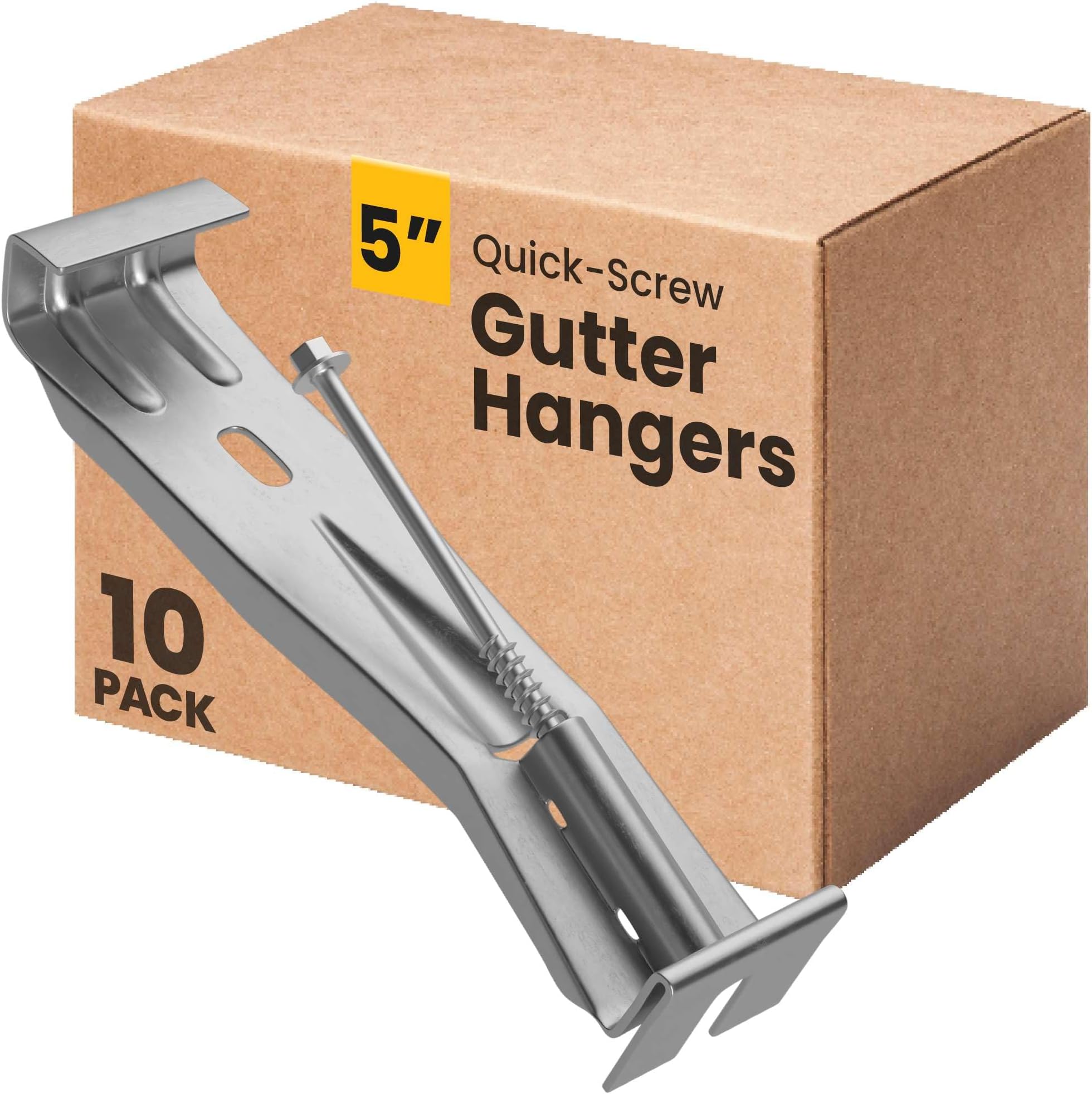 Quick-Screw 5" Gutter Hangers - Heavy Duty Hidden Gutter Brackets with Pre-Assembled Inserted Gutter Screws - Rain Gutter Parts and Accessories to Fix or Repair Sagging Rain Gutters (10 Count)