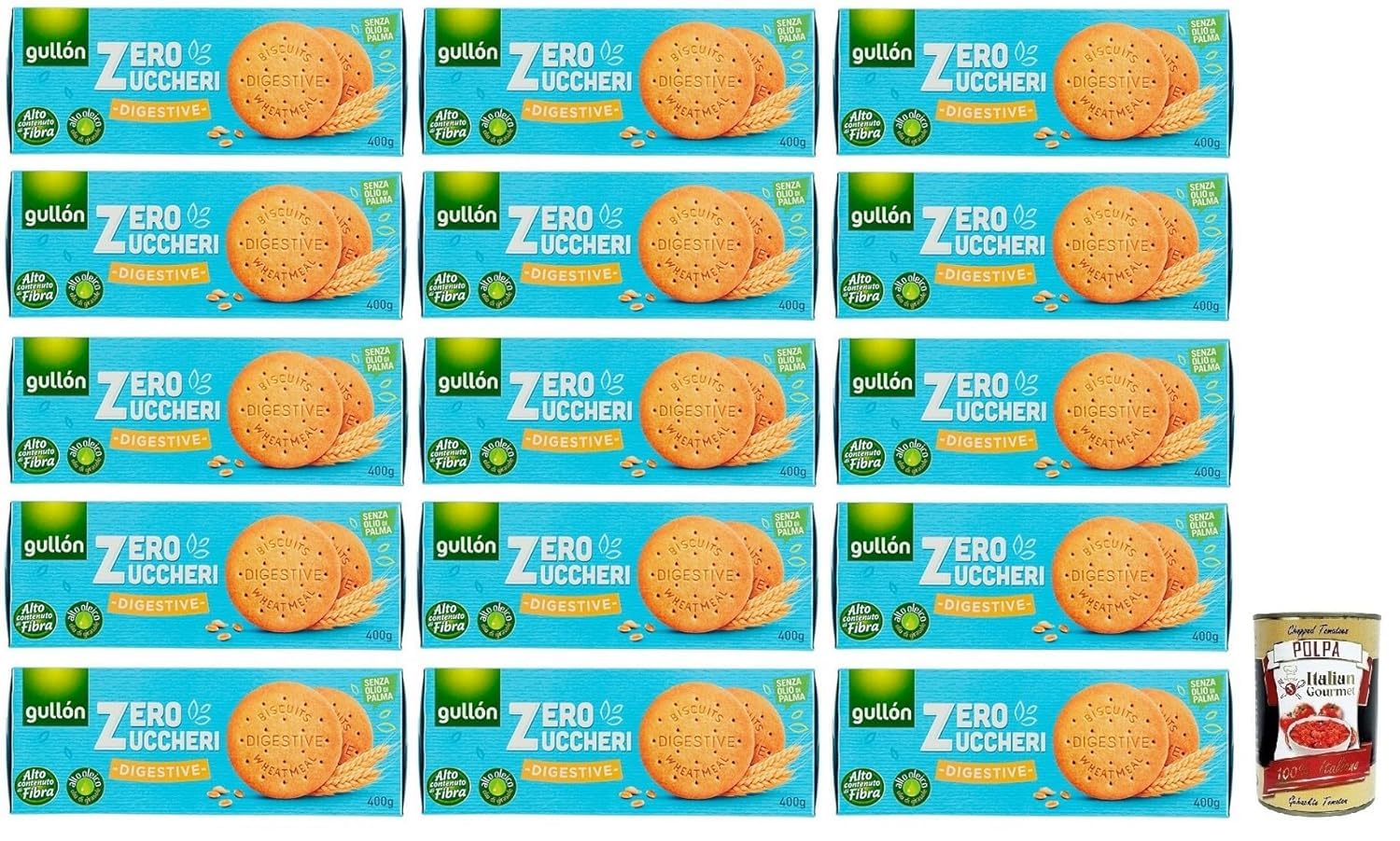 Italian Gourmet Bundle Biscuits Digestifs Sans Sucres 15 x 400 g + Italian Gourmet Polpa 400 g, biscuits riches en fibres sans huile de palme, biscuits type digestive à l’huile de tournesol oléique