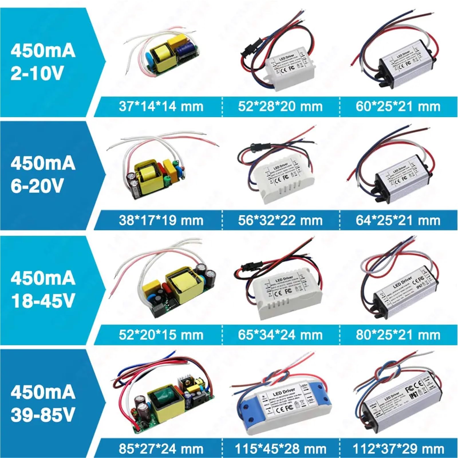 Driver LED de corriente constante 300 mA, 450 mA, 600 mA, 900 mA, 1500 mA, transformadores de iluminación 1 W, 3 W, 5 W, 10 W, 20 W, 30 W, 36 W, 50 W, 100 W (PCB Board,450 mA 39 a 85V)