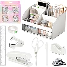 Desk Accessories with Pen Holder, Office Supplies Desk Organizers and Accessories, Tape Dispenser, Stapler, Staple Remover, Staples, Clips Set, Ruler, Scissor, Pen, Tape White