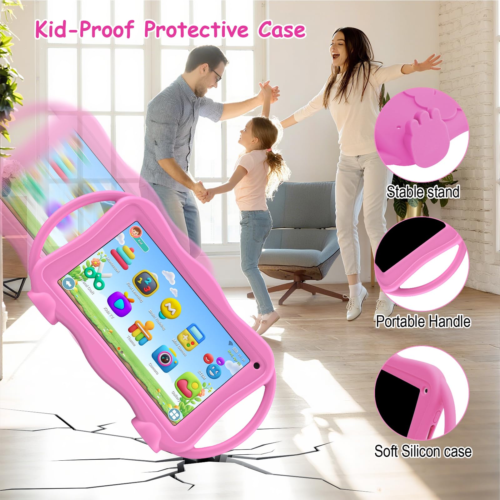Trayoo Tablet per bambini da 7 pollici per bambini 3-12, 32 GB, tablet per bambini con doppia fotocamera, controllo parentale, custodia solida, WiFi, GMS, YouTube, Netflix, software di apprendimento