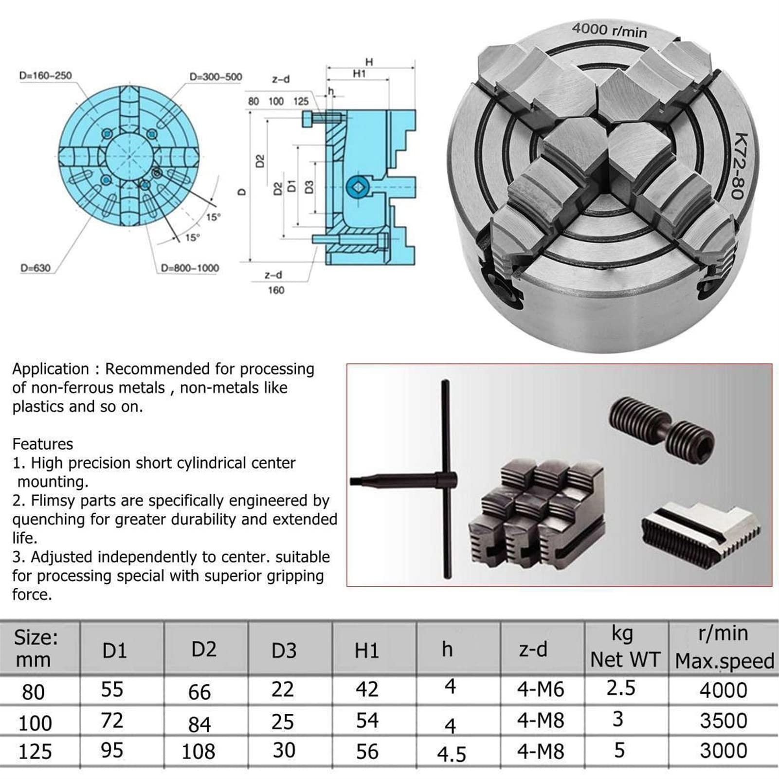 Uchwyt tokarski, 125mm Chuck 4 JAW 5 "Tokarka Niezależna i odwracalna szczęka Sanou k72125. Do CNC. Wiercenie Wiertnice(K72-125mm)