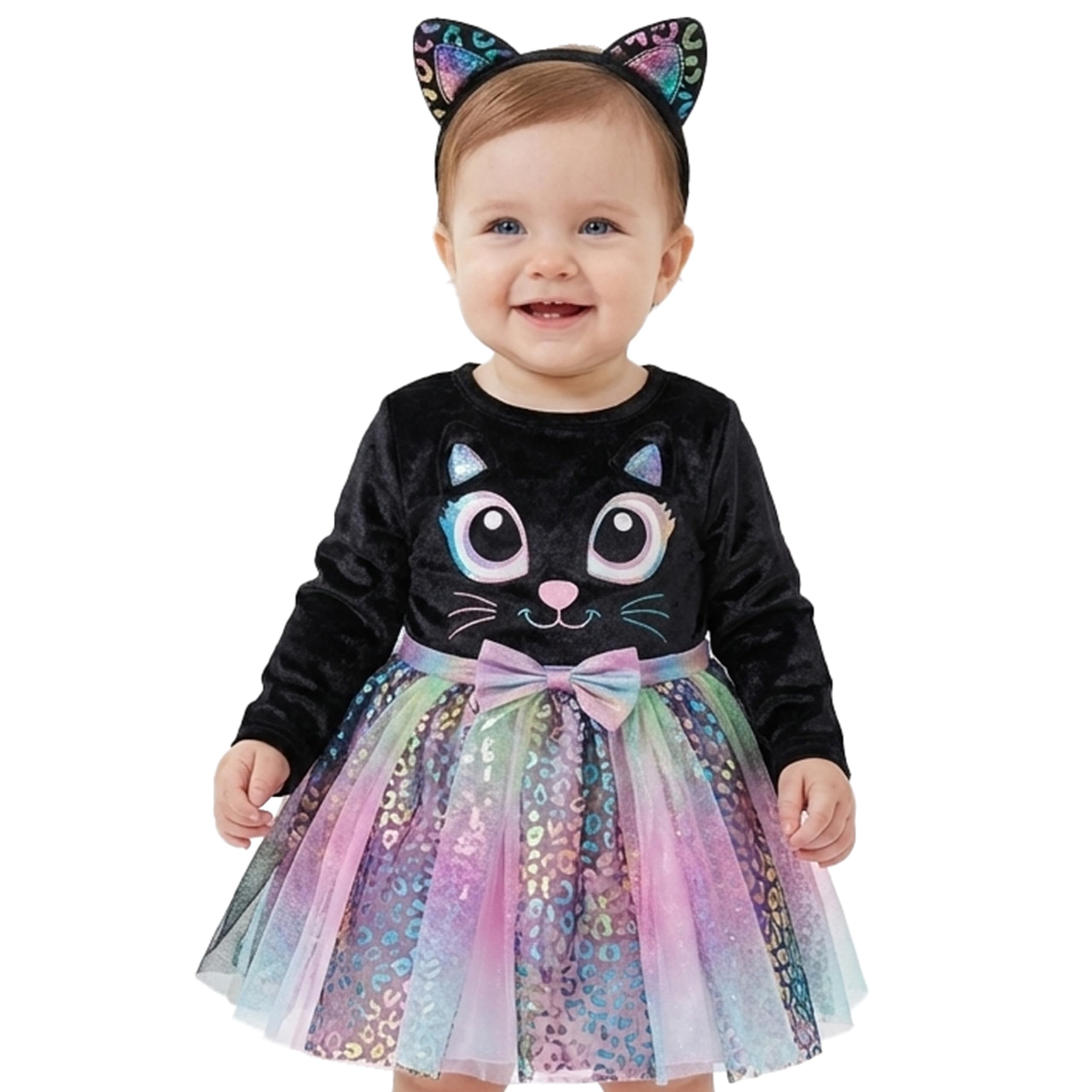 IKALI Baby Mädchen Katzen Kostüm Kleid Süßes Schwarzes Katze Outfit mit Regenbogen Tüllrock Für Karneval Fasching