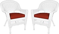 Jeco Set of 2 White Resin Wicker Patio Chairs with Red Cushions - Durable Steel Frame, Stackable, Weather-Resistant