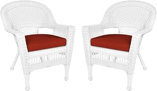 Jeco Set of 2 White Resin Wicker Patio Chairs with Red Cushions - Durable Steel Frame, Stackable, Weather-Resistant