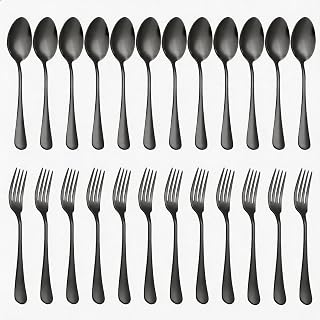 24 Piece Black Forks and Spoons Silverware Set for 12, Food Grade Stainless Steel Dinner Forks and Spoons(6.7 Inch) Black Silverware Set, Heavy-Duty Cutlery Set, Dishwasher Safe