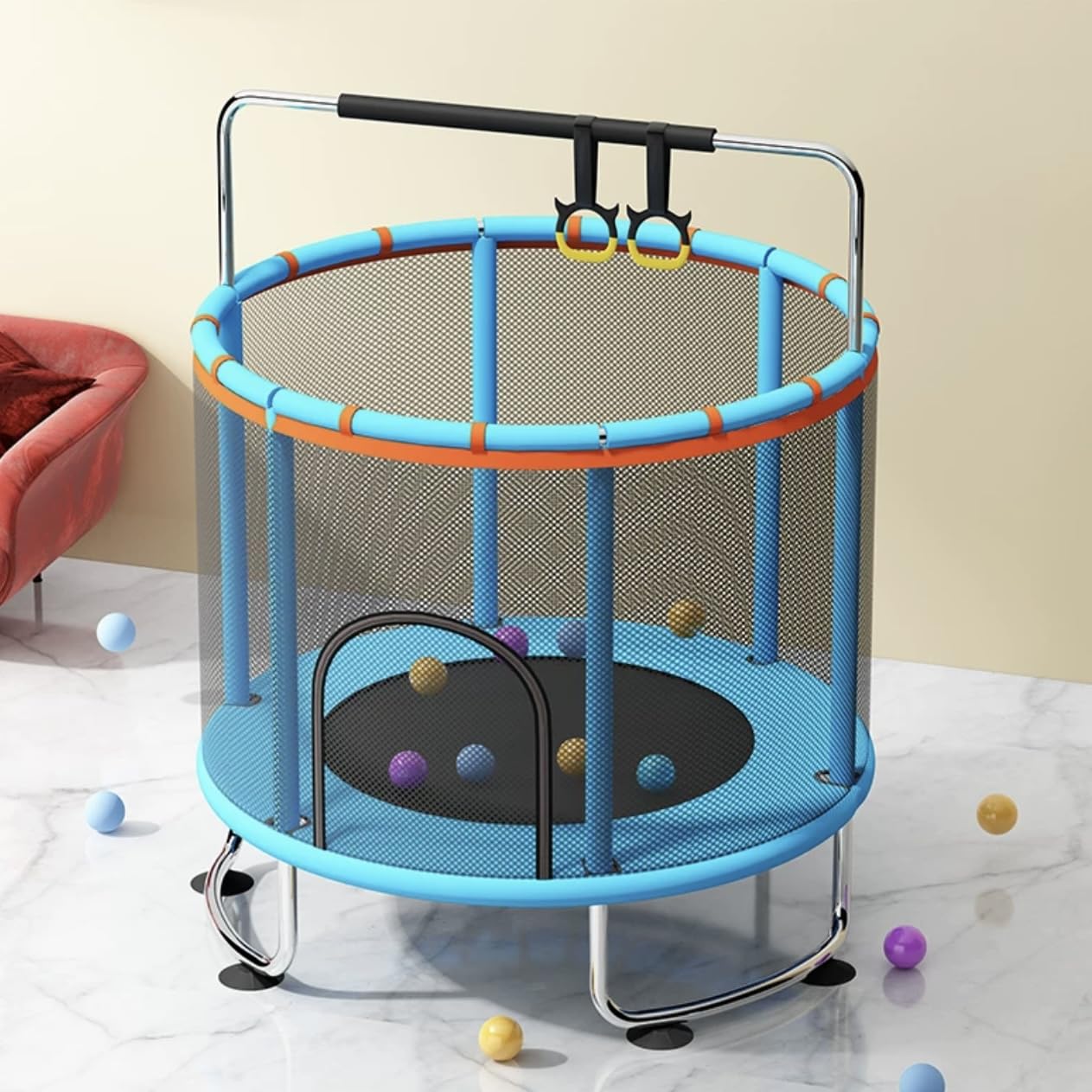 子供用トランポリン青色 家庭用 大型 140cm 飛び出し防止保護 補助手すり付 Amazon | トランポリン 鉄棒 140cm 吊り輪 大型 家庭用 室内