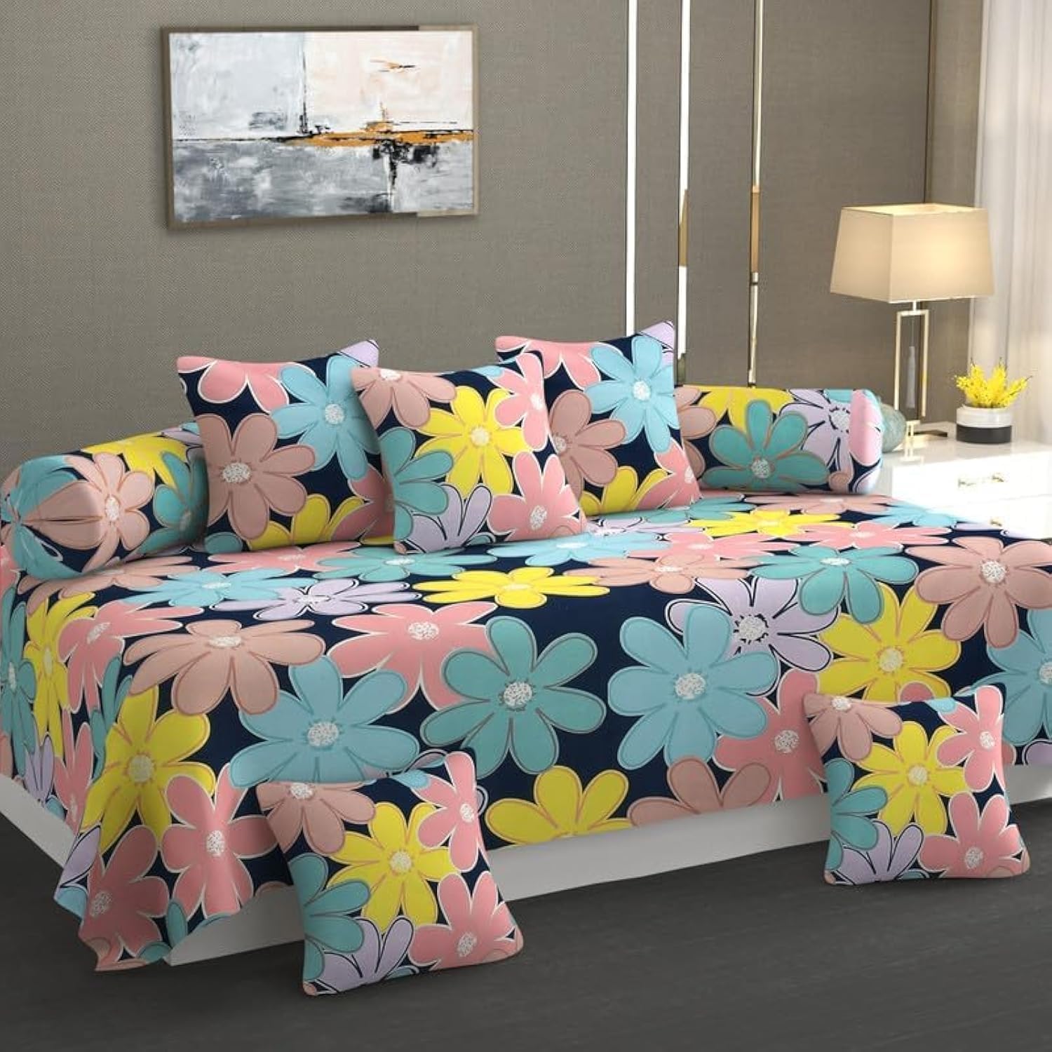 Home Soft Cotton Feel Diwan Set with 8 Pieces, 1 Single Bed Sheet with 5 Cushion Covers with Zipper and 2 Bolster Covers (diwan Cover Size 90x60 Inches)-image-13