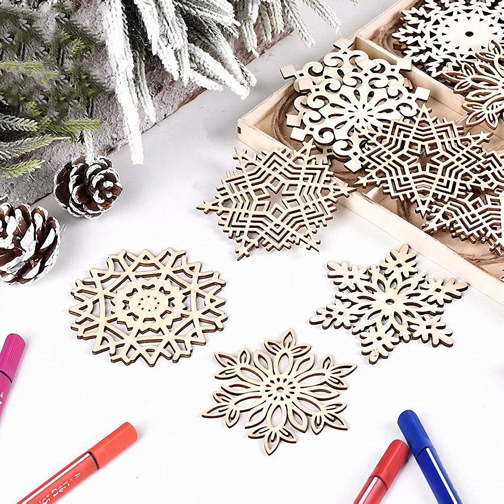 Lot De 24 Flocons De Neige En Bois Brut à Suspendre Avec Corde, 10,2 Cm Pour Décoration De Noël Et Loisirs Créatifs