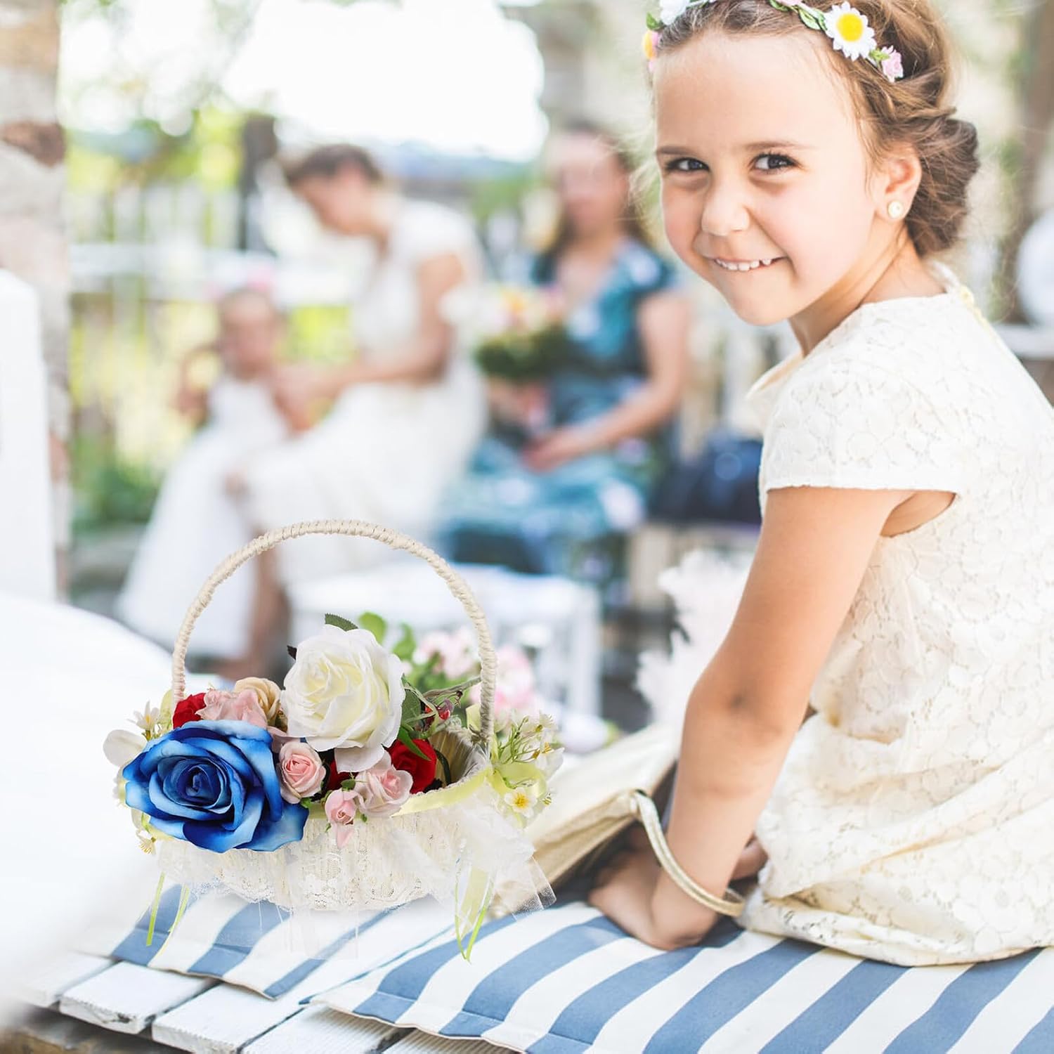 Uonlytech Wedding Flower Girl Basket Small Handheld Satin Basket with Bowknot Handle for Wedding Ceremony and Party Decor