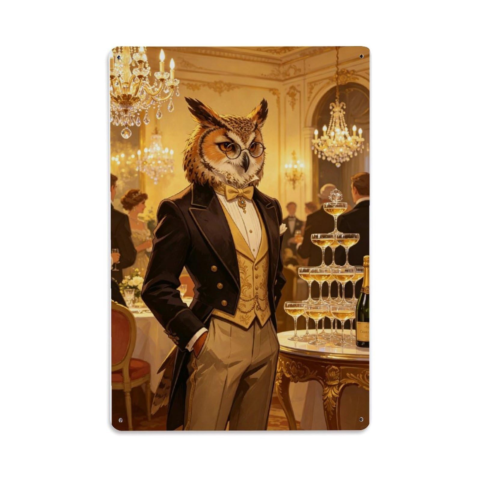 Victorian Owl Gentleman at Palace Cocktail Party Vintage Aluminium Metal Sign, Retro Wall Decor for Home, Bar, Garage & Farmhouse 30x20cm