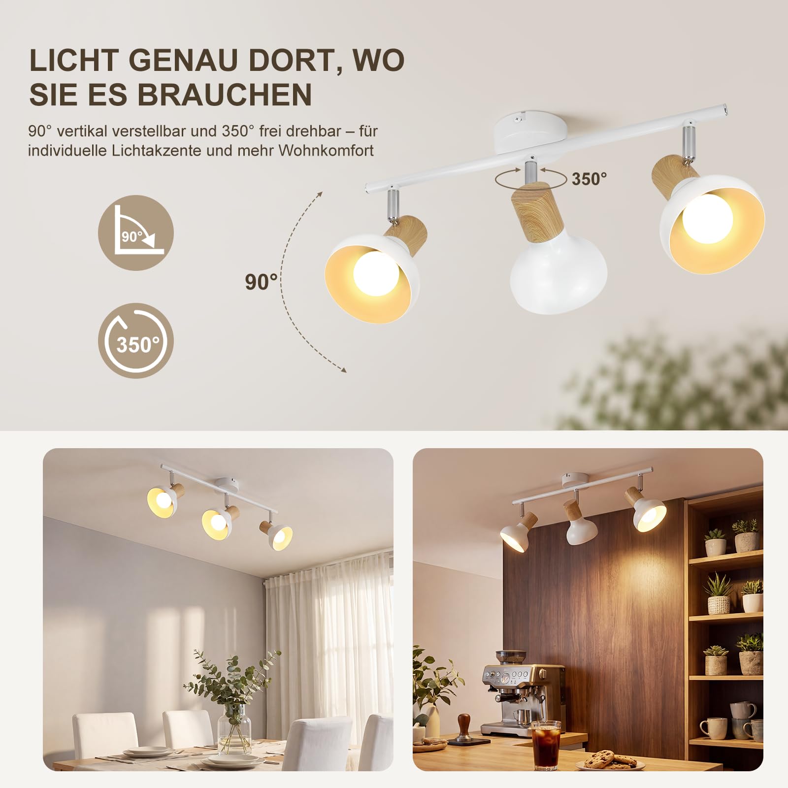 Lámpara de techo 3 focos vintage, blanca, industrial, ajustable | 350°, E14, para interior, sin bombillas