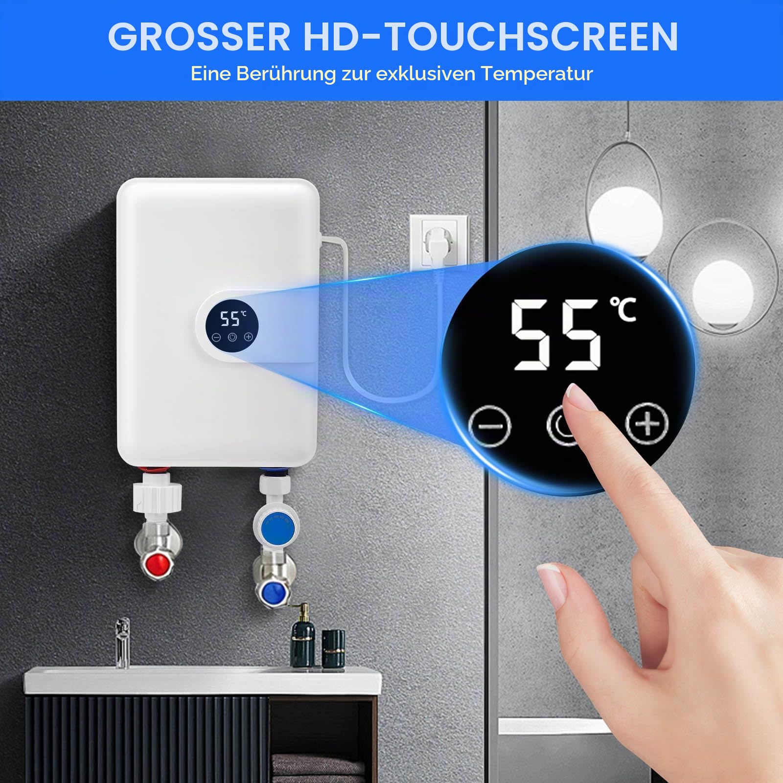 Mini Elektrischer Durchlauferhitzer, 5.5KW 220V Instant Elektro Wassererhitzer with Duschdüse, Tankless Dusche Heißwassersystem für Badezimmer Küche Garten, mit Ablesbarer Led-Temperaturanzeige
