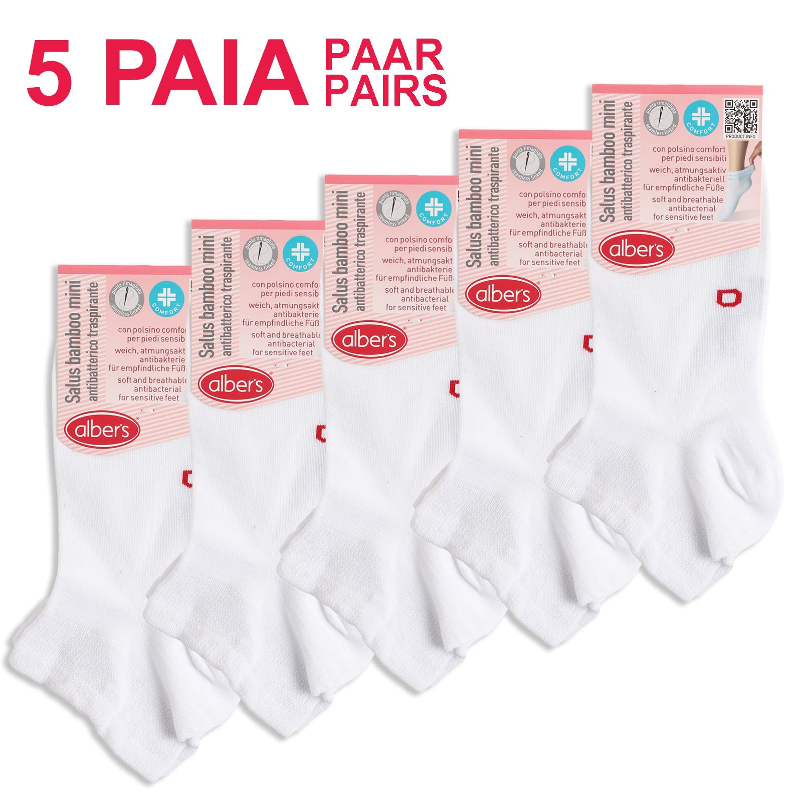 alber's SALUS BAMBOO MINI - 5 Paia di Calzini Corti Bambù Donna, Comfort No-Stress, Morbidi e Naturali per Piedi Sensibili