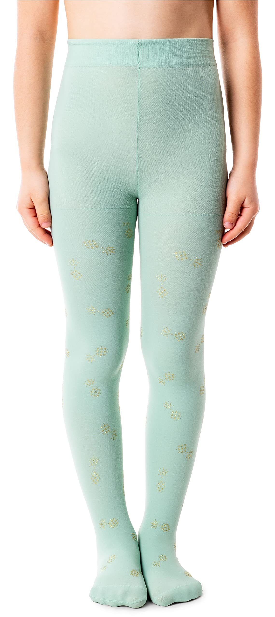 NOQ Children Thin Tights with Beautiful Print Girls Patterned Pantyhose 40 DEN School Dance Ceremony Casual, Pineapple Neo Mint 8-9 years (140-146)