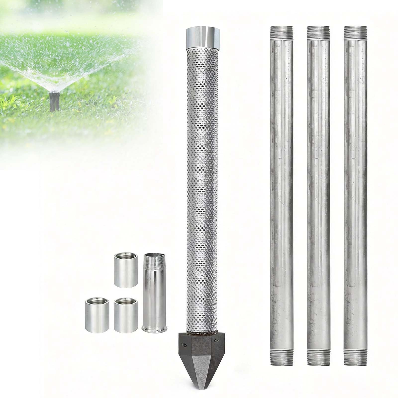 Well Drive Point Kit, 1-1/4 Inch Stainless Steel Sand Point, 36" Heavy Duty Shallow Well Drilling System for Reliable Water Access, Galvanized Pipes and Couplings(3+1kit)