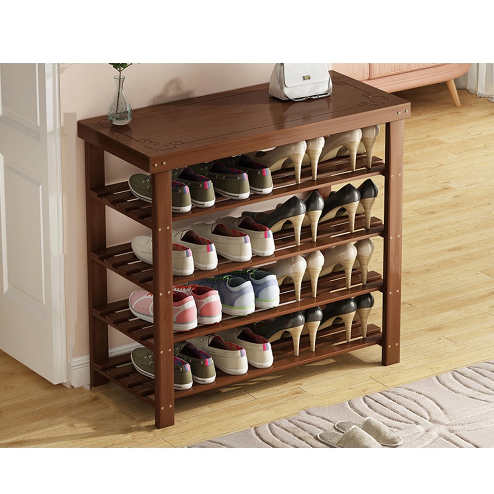 Banc à chaussures en bois gain de place avec étagères de rangement