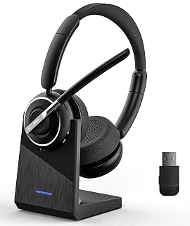 Wireless Headset, Bluetooth Headset with AI Noise Cancelling Mic, Bluetooth V5.2 Headphones with USB Dongle, Charging Base & Mic Mute for PC/Cell Phones/Call Center (Black) - Amazon product rated Grade A