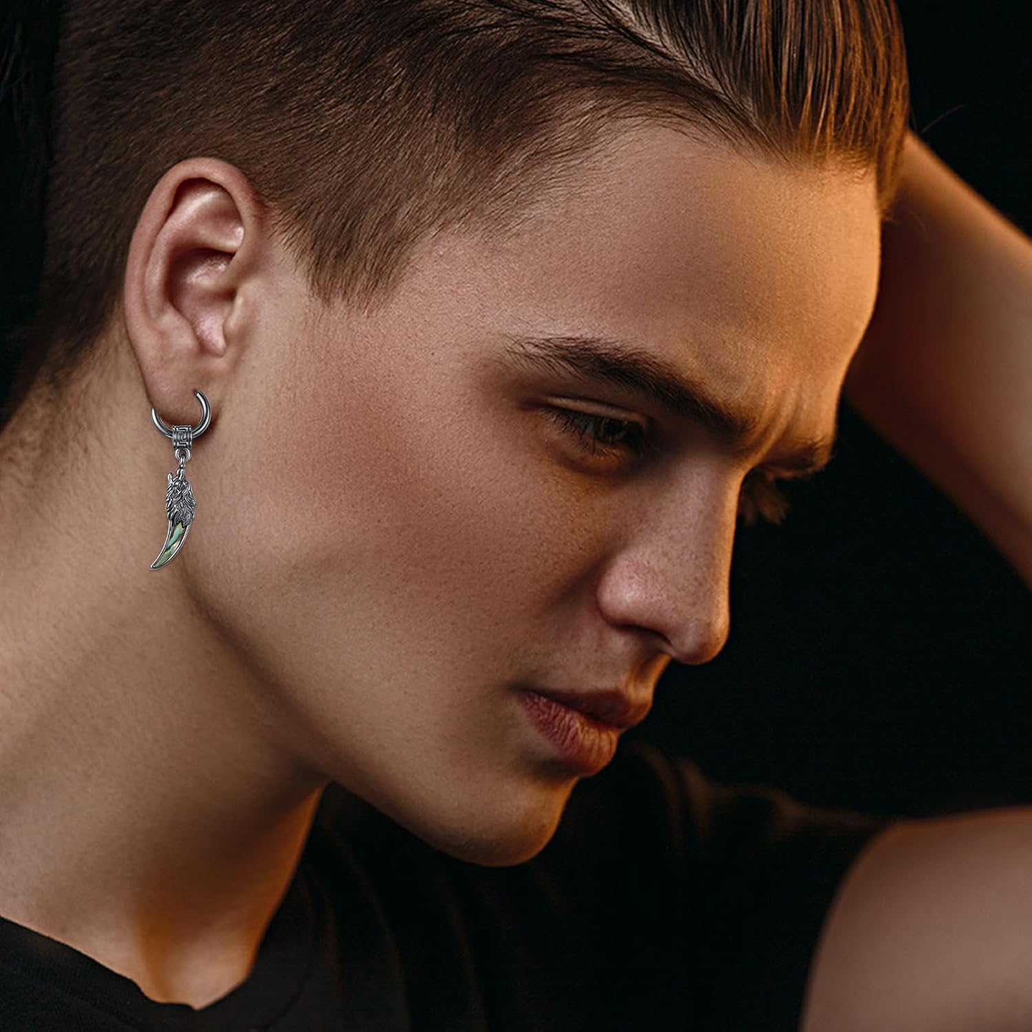 MEDWISE Black Hoop Earrings for Men 925 Sterling Silver Celtic Wolf Earrings Huggie Men's Hanging Abalone Shell Jewelry Gift for Women Men Husband Brother Unisex Birthday Christmas Gifts - Image 7