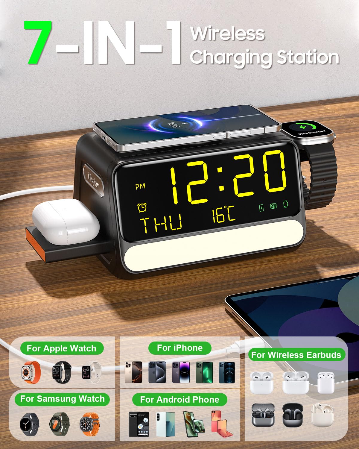 Stazione di ricarica wireless 7-in-1 con sveglia, luce notturna a controllo vocale, temperatura e data, 33W, supporto di ricarica rapida compatibile con telefoni iPhone Samsung, Apple/Samsung Watch