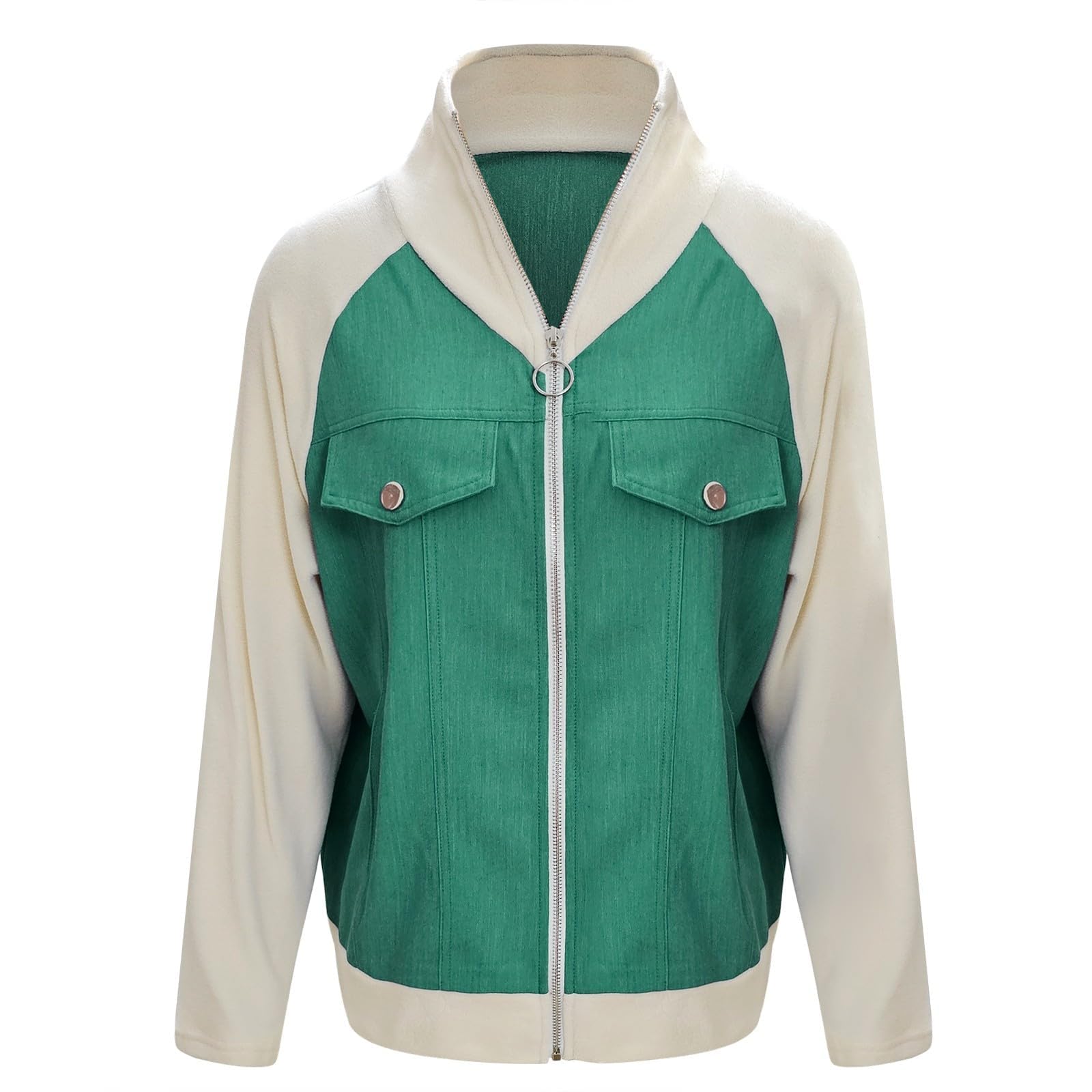 Denim Jacket for Women Fall Trendy Patchwork Jean Jacket Casual Long Sleeve Mock Neck Denim Coat with Pockets