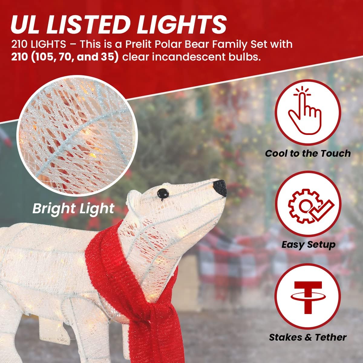3-Piece 20in Lighted Polar Bear Family - Large Outdoor All-Weather Christmas Décor for Front Yard, Lawn or Indoor w/ 210 Pre-Strung Lights, Zip Ties, Ground Stakes (White)