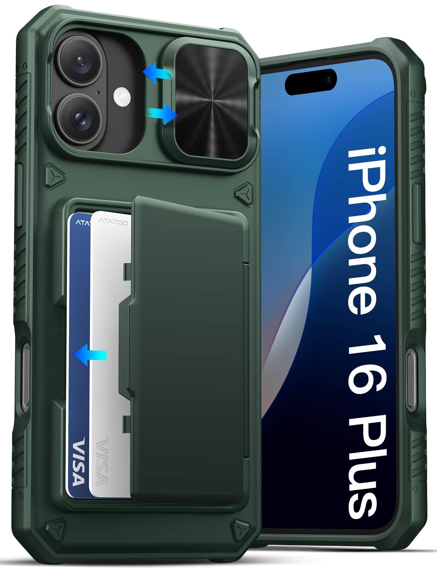 ATATOO for iPhone 16 Plus Case Wallet with Card Holder (3-5 Cards), Green