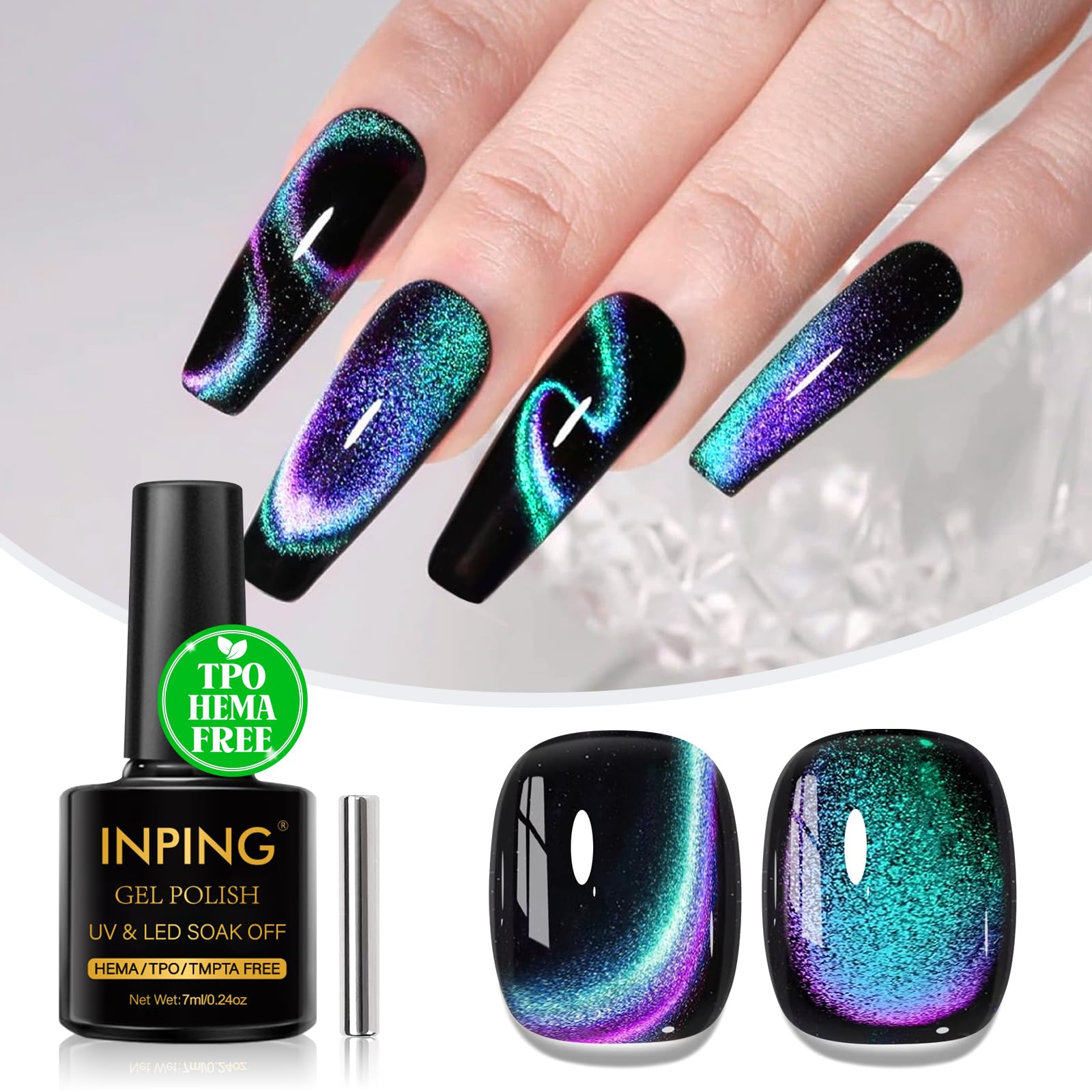 INPING Semi-Permanent Nail Polish, TPO-FREE HEMA-FREE, Aurora Cat's Eye Semi-Permanent Nail Polish with Magnet, UV LED Gel Nail Polis for Women Manicure Salon, 7 ml — view 2