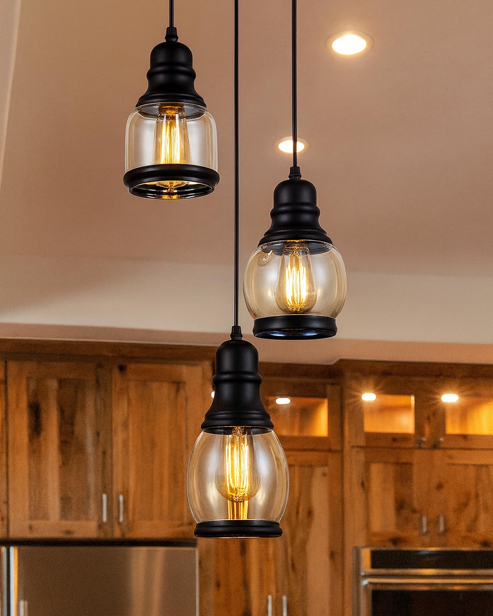 Homesake Vintage Cluster Pendant Light with Amber Glass Jar Shade Matte Black 3-Lights, Adjustable Height, Rustic Farmhouse Decor, Perfect for Kitchen, Dining Room, Living Room, and Bar-image-0