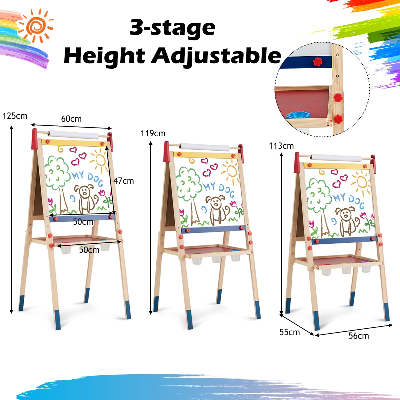 GYMAX Cavalletto in legno per bambini, 3 in 1, regolabile in altezza, con rotolo di carta e vassoio portaoggetti, lavagna bianca a doppia faccia e cavalletto da disegno per bambini (60 x 55 x 125 cm)