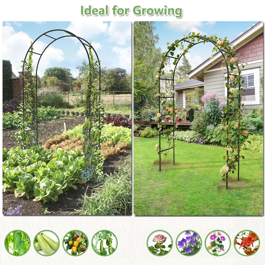 Czarna metalowa altana ogrodowa, łuk na wesela, rośliny pnące, dekoracyjne patio i podwórko, 1,20 m x 2,20 m x 25 cm, idealna na ścieżki trawnikowe i dekoracje nad morze