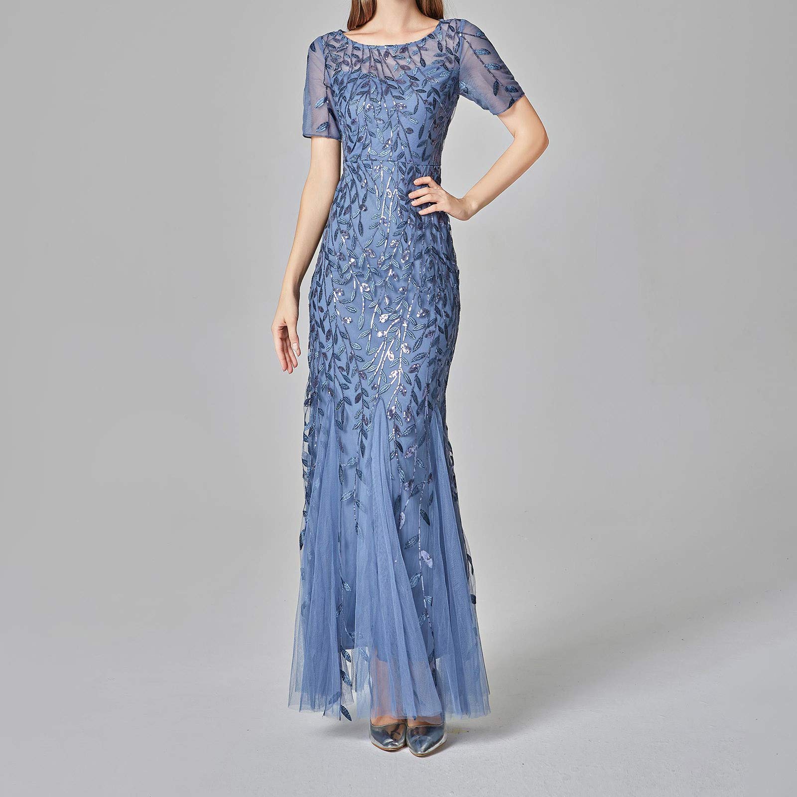 FUPODD Damen Abendkleid Elegant Maxikleid 1920er-Jahre Kleid Mit Pailletten Damenkleid Tüll Partykleid Frauen Kurze Ärmel Kleider Lang Cocktail-Meerjungfrau-Kleid Ballkleid Für Hochzeit Abendkleider