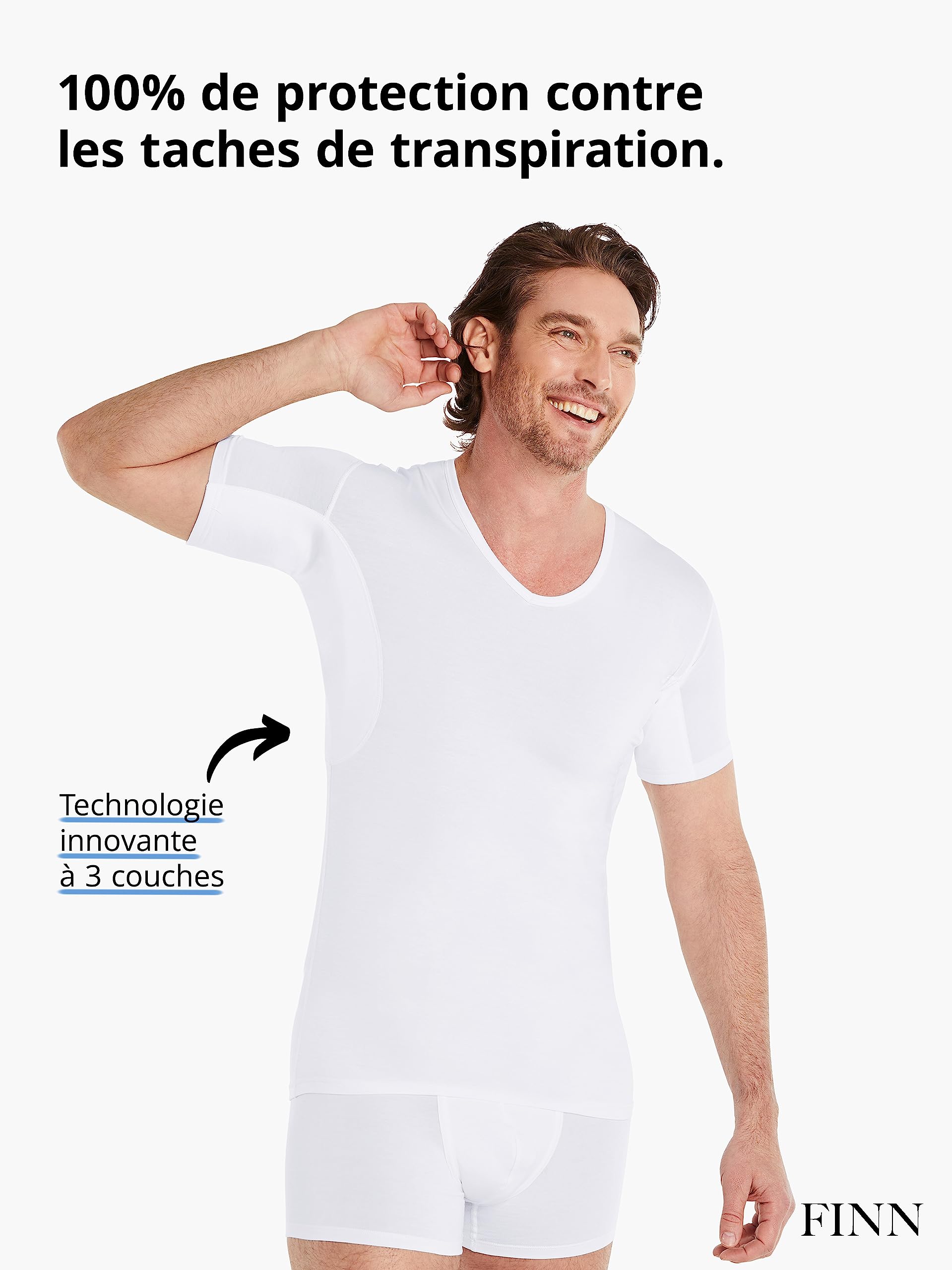 FINN T-Shirt Anti-Transpiration pour Hommes avec Insert dans Le Dos et Patchs intégrés aux aisselles pour la Forte Transpiration - Maillot de Corps Contre Les odeurs et Les Taches de Sueur
