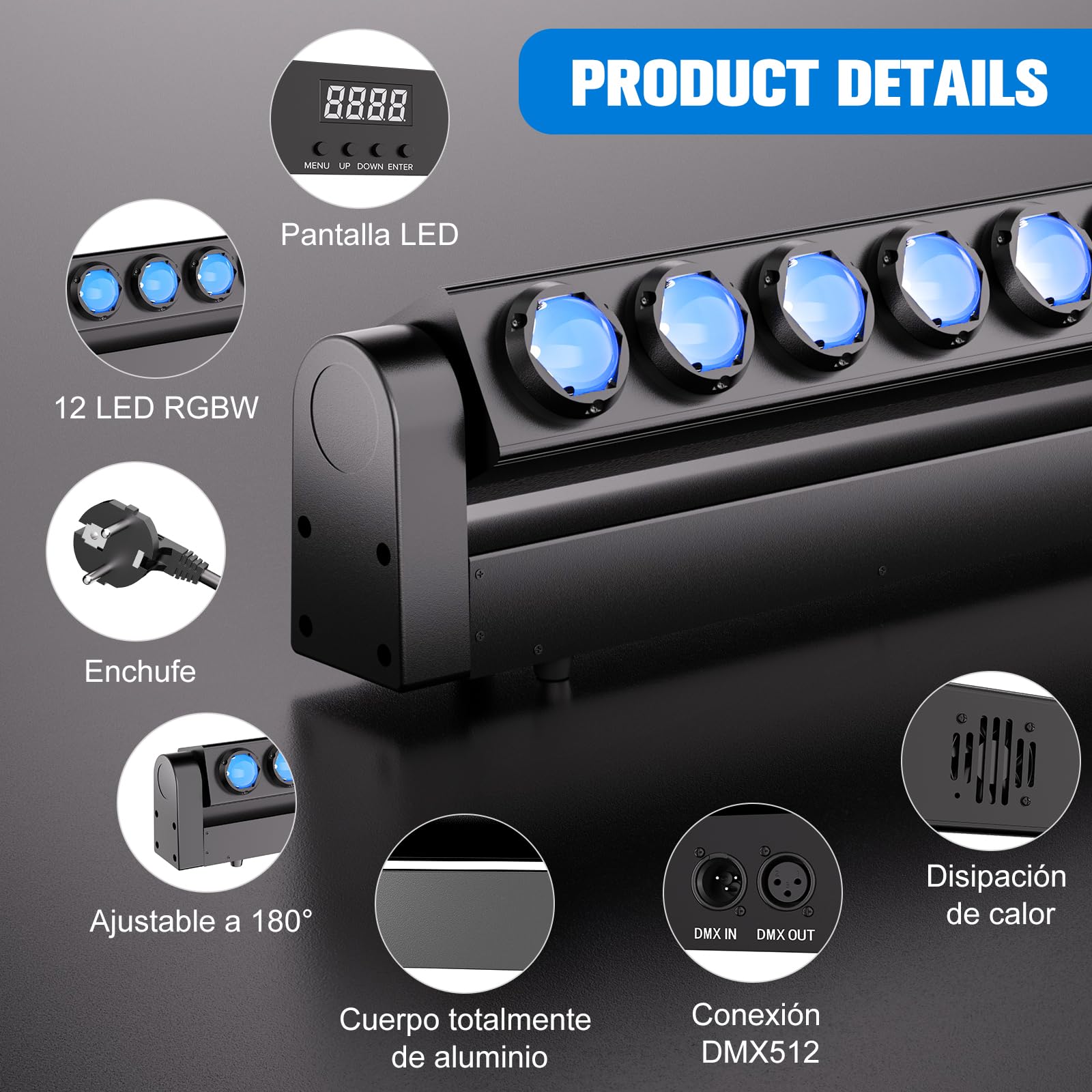 240W Barra de Wallwasher Cabeza Movil LED,12X20W LED RGBW 4en1,DMX512 Luz Discoteca LED para DJ Bar Discoteca Fiestas Exterior Festival